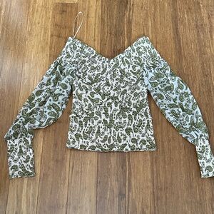Steve Madden Green and White Smocked Long Sleeve Blouse